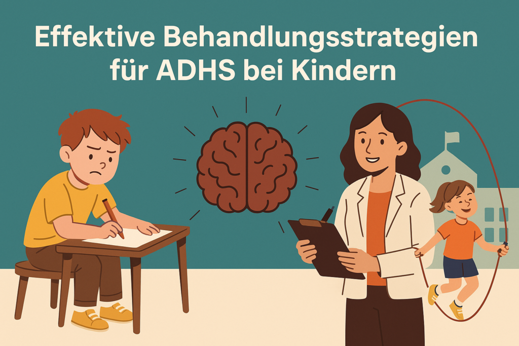 „Illustration zur ADHS-Behandlung bei Kindern mit Therapeutin, einem konzentrierten Jungen, einem fröhlichen Mädchen beim Seilspringen und einem Gehirnsymbol.“