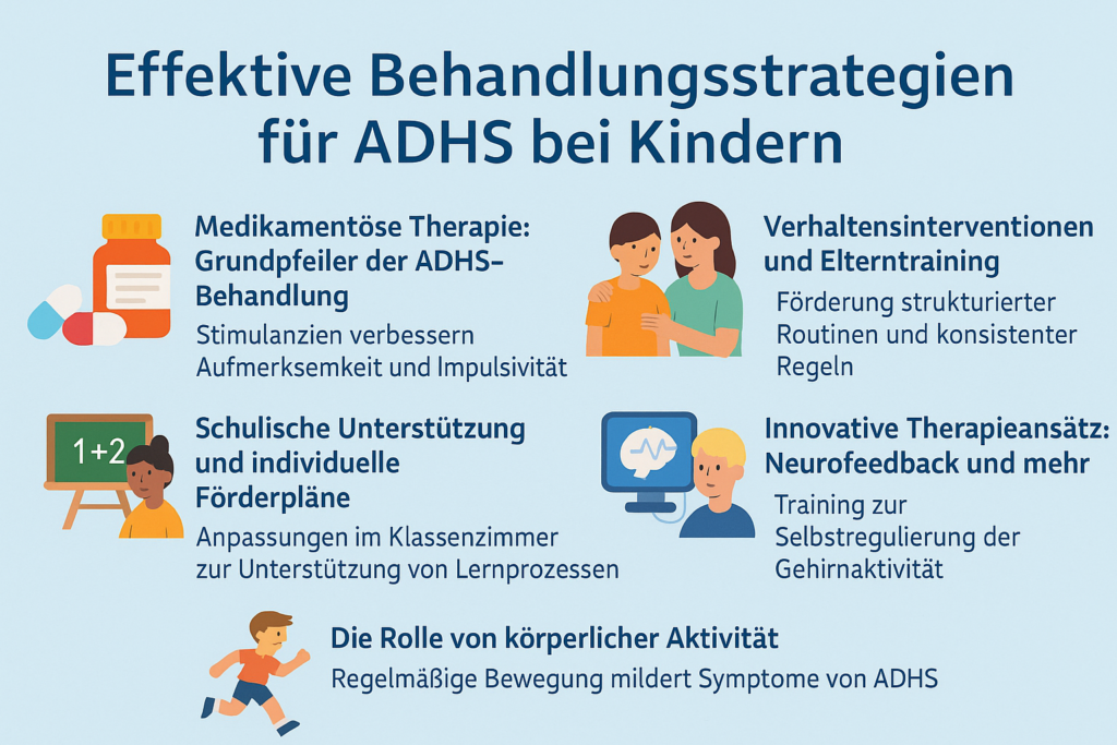 „Infografik zu Behandlungsstrategien bei ADHS mit Icons für Medikamente, Verhaltenstherapie, Schule, Neurofeedback und Bewegung – Tipps zur ADHS-Therapie bei Kindern.“