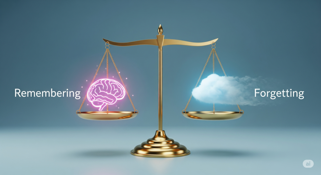 Eine Illustration zum Thema Trauma verarbeiten. Eine Waage symbolisiert das Gleichgewicht zwischen Erinnern und Vergessen, was ein Schlüssel ist, um die psychische Gesundheit zu stärken.