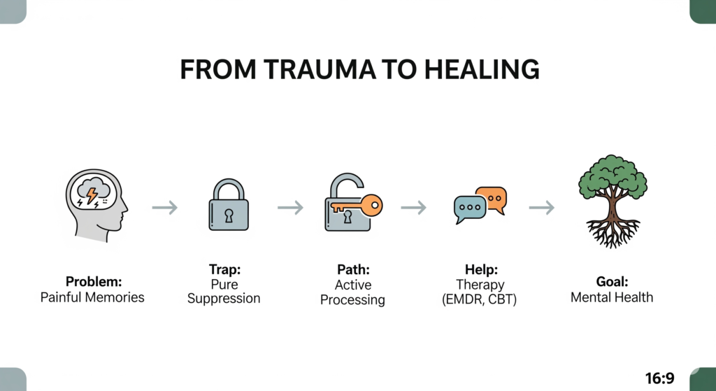 Infografik, die den Weg zur Verarbeitung von belastenden Erinnerungen zeigt. Fünf Schritte von der Problembeschreibung bis zur Heilung durch Psychotherapie bei einer posttraumatischen Belastungsstörung.
