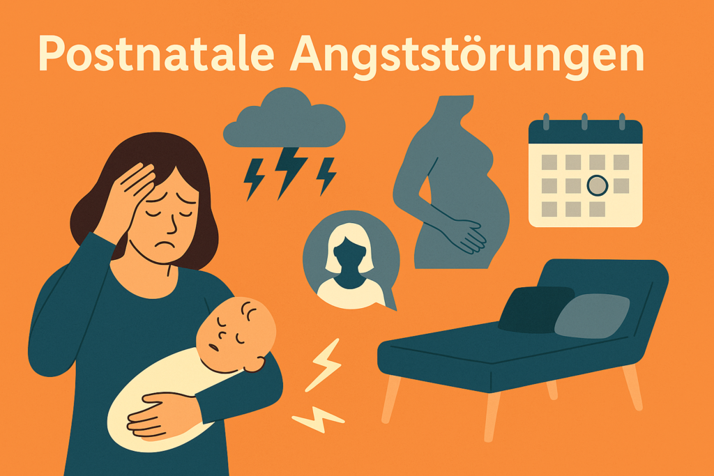 „Illustration mit dem Titel ‚Postnatale Angststörungen und ihre Bewältigung‘ – grafische Darstellung ohne Text, im Querformat, visualisiert die emotionale Belastung junger Mütter mit postnataler Angststörung“