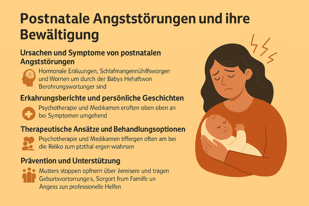 und ihre Bewältigung‘ – zeigt Ursachen, Symptome, Therapieoptionen und präventive Maßnahmen, dargestellt in klar strukturierten Textfeldern mit unterstützenden Grafiken. Keyphrase ‚Postnatale Angststörungen‘ wird visuell hervorgehoben.“