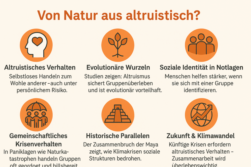 „Infografik im 16:9-Format mit dem Titel ‚Von Natur aus altruistisch?‘. Sie zeigt sechs thematische Bereiche zu altruistischem Verhalten, gemeinschaftlichem Krisenverhalten und sozialer Identität in Notlagen, jeweils mit Icon und kurzen Fließtexten – z. B. zu Evolution, Gruppenbindung, historischen Krisen und dem Einfluss des Klimawandels.“