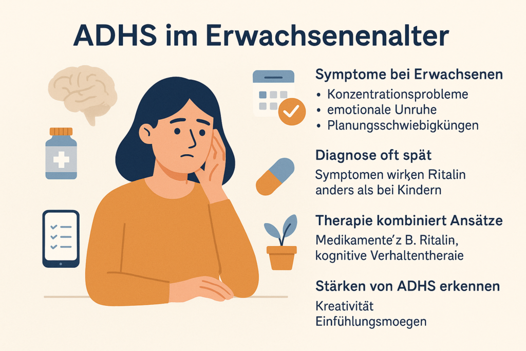 Infografik mit dem Titel „ADHS im Erwachsenenalter“. Links ist eine nachdenklich blickende Frau in Orange dargestellt, umgeben von Symbolen wie Gehirn, Medikament, Smartphone, Kalender und Checkliste. Rechts stehen vier Textabschnitte mit Icons: 1) Symptome bei Erwachsenen: Konzentrationsprobleme, emotionale Unruhe, Planungsschwierigkeiten. 2) Diagnose oft spät: Symptome anders als bei Kindern. 3) Therapie kombiniert Ansätze: Medikamente und Verhaltenstherapie. 4) Stärken von ADHS: Kreativität und Einfühlungsvermögen. Hintergrund in Beige, Farben in Blau, Orange und Grau.
