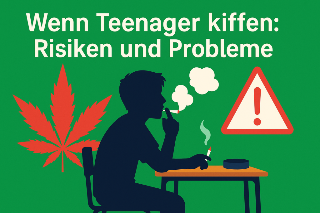 Infografik mit dem Titel „Wenn Teenager kiffen: Risiken und Probleme“, zeigt einen Jugendlichen beim Rauchen eines Joints an einem Schultisch, daneben ein Cannabisblatt und ein Warnsymbol – die Darstellung thematisiert visuell den Cannabis-Konsum bei Jugendlichen.