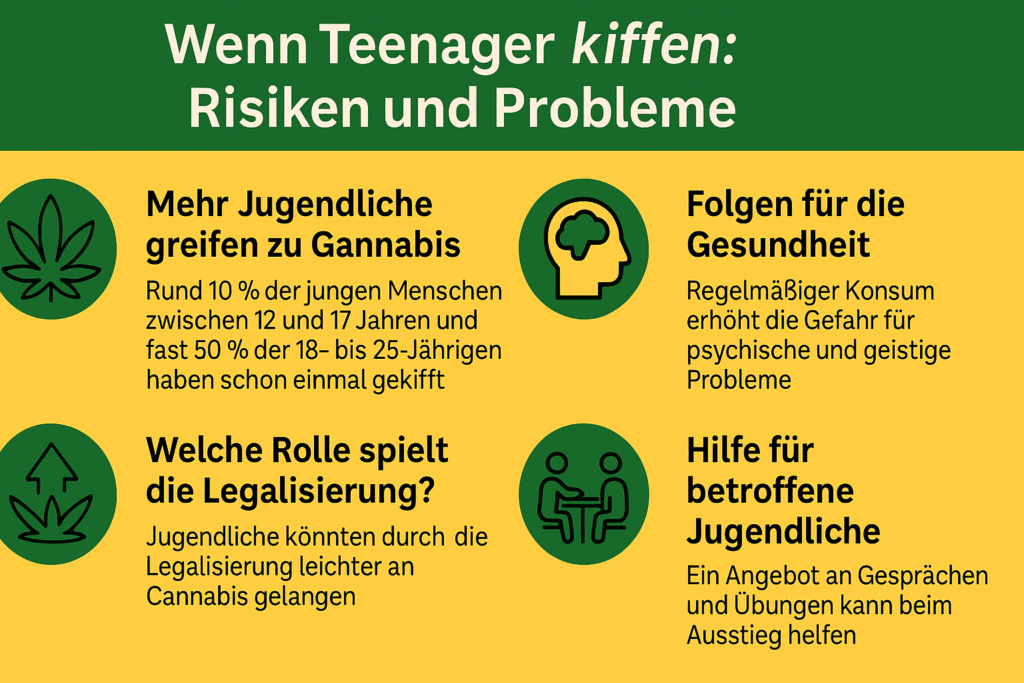 Infografik mit dem Titel „Wenn Teenager kiffen: Risiken und Probleme“ zeigt in grün-gelbem Farbschema fünf Themenbereiche zum Cannabis-Konsum bei Jugendlichen, darunter Konsumverbreitung, gesundheitliche Folgen, Auswirkungen der Legalisierung und therapeutische Ansätze, ergänzt durch passende Icons und kurze Texte.