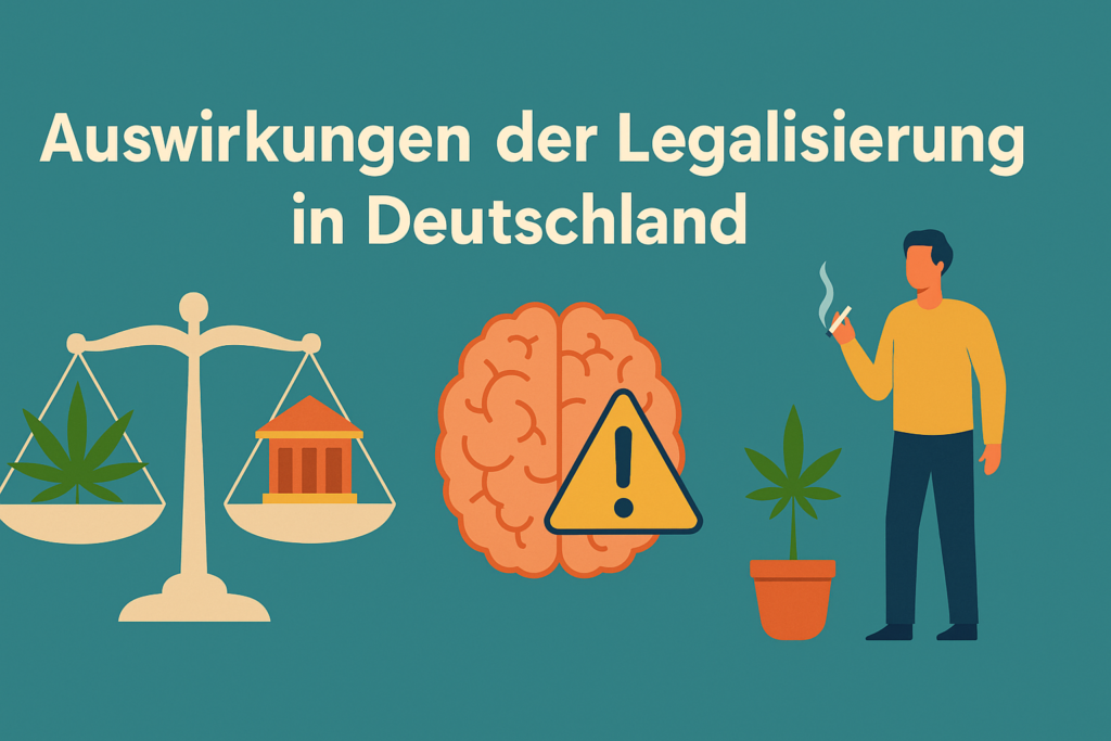 Infografik mit dem Titel „Auswirkungen der Legalisierung in Deutschland“ zeigt eine Waage mit Cannabisblatt und Regierungsgebäude, ein Gehirn mit Warnsymbol sowie eine Person mit Joint – als visuelle Darstellung zur Legalisierung von Cannabis in Deutschland.