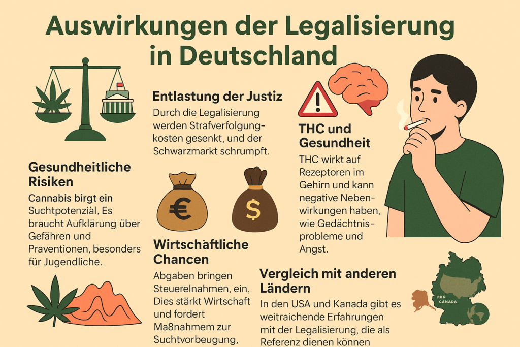 Infografik mit dem Titel „Auswirkungen der Legalisierung in Deutschland“ zeigt auf beigefarbenem Hintergrund zentrale Aspekte der Cannabislegalisierung, darunter wirtschaftliche Chancen, gesundheitliche Risiken, THC und Gesundheit sowie internationale Vergleiche – alles ergänzt durch Icons, kurze Texte und die Keyphrase „Legalisierung von Cannabis in Deutschland“.