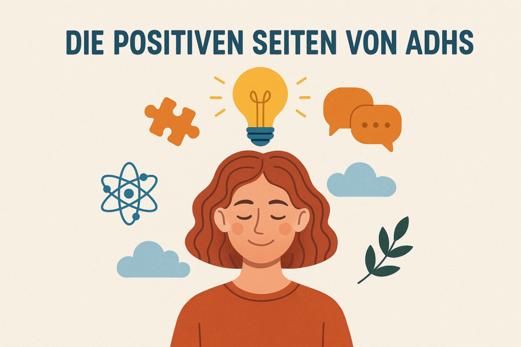 Frau mit verschiedenen Symbolen, die positiven Eigenschaften von ADHS darstellen sollen
