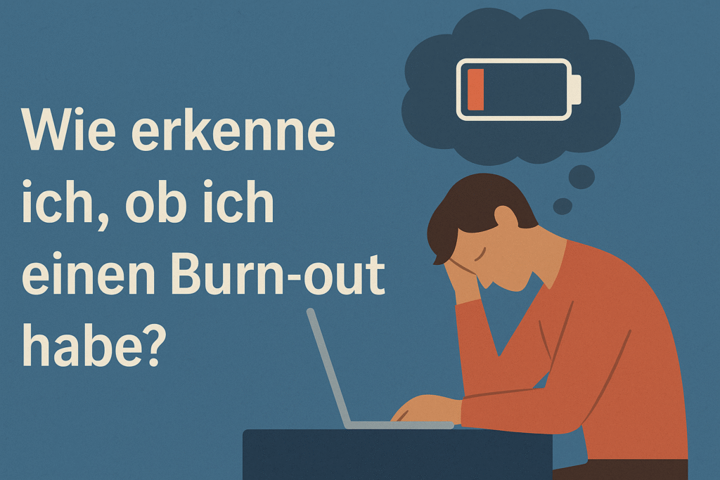„Symbolisches Titelbild zum Thema Burn-out: Eine erschöpfte Person sitzt vor einem Laptop, hält den Kopf in der Hand, über ihr eine dunkle Wolke – daneben die Überschrift ‚Wie erkenne ich, ob ich einen Burn-out habe?‘ auf türkisfarbenem Hintergrund. Ruhiges, professionelles Design im Stil der Praxis für Psychotherapie München.“