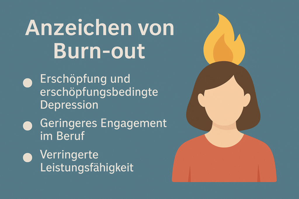 „Infografik im PCM-Design mit türkisfarbenem Hintergrund: Eine müde Person sitzt über einen Laptop gebeugt, darüber eine Gedankenwolke. Rechts daneben Stichpunkte mit den wichtigsten Anzeichen von Burn-out – Erschöpfung, innere Distanz, verringerte Leistungsfähigkeit – als kurze Zusammenfassung für Betroffene.“