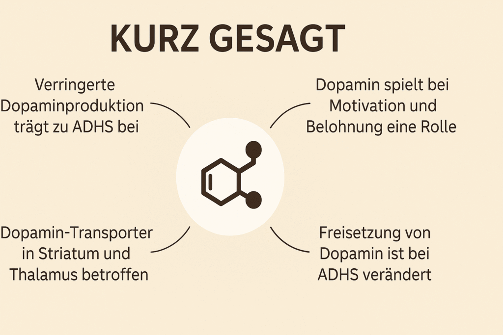 „Infografik mit dem Titel Kurz gesagt zeigt zentrale Erkenntnisse über Dopamin und ADHS. In der Mitte ist ein stilisiertes Dopamin-Molekül dargestellt, umgeben von vier Stichpunkten: verringerte Dopaminproduktion trägt zu ADHS bei, Dopamin spielt bei Motivation und Belohnung eine Rolle, Dopamin-Transporter in Striatum und Thalamus betroffen, Freisetzung von Dopamin ist bei ADHS verändert.“