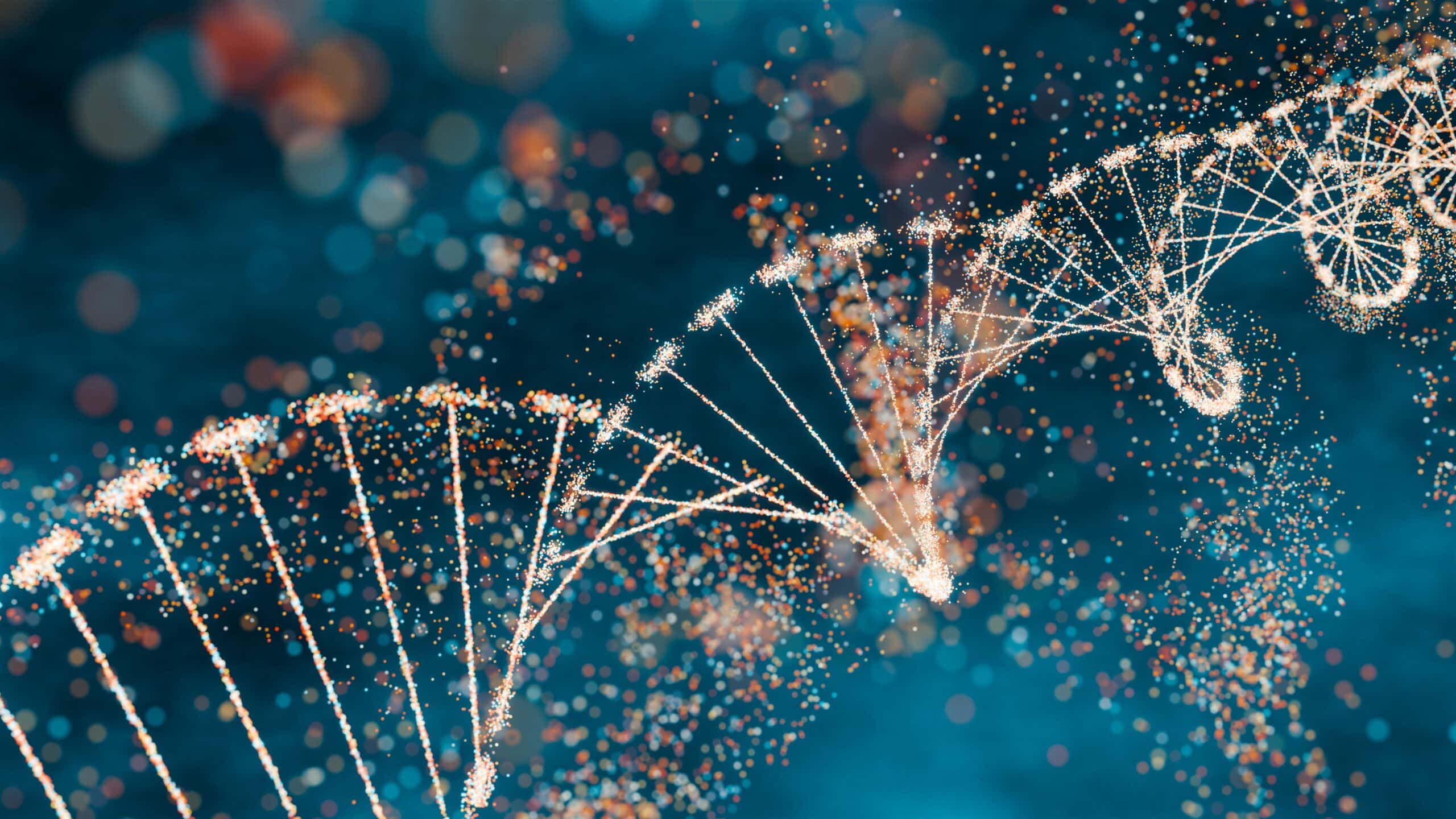 Alt-Text: 3D-Darstellung einer DNA-Doppelhelix mit leuchtenden Partikeln und glühenden Linien, die genetische Information, molekulare Komplexität und Präzisionsmedizin symbolisieren. Abstraktes Konzept für Genomforschung, Biotechnologie und Computational Life Sciences.