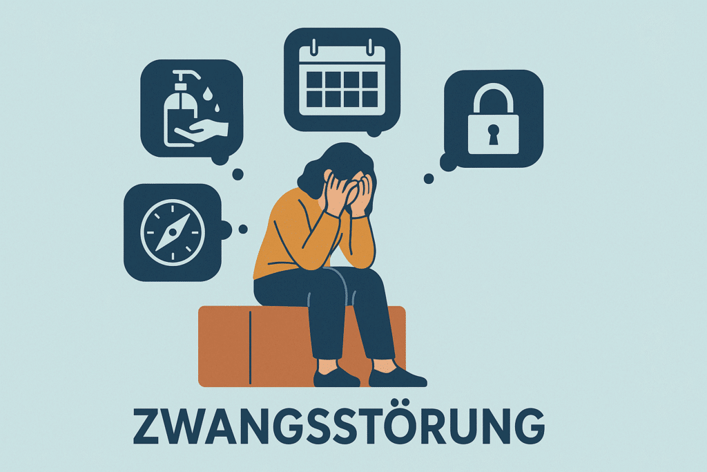 „Illustration zu Zwangsstörungen: Eine erschöpfte Person sitzt mit dem Kopf in den Händen auf einer Bank. Um sie herum zeigen Symbole typische Zwänge wie übermäßiges Händewaschen, Kontrollieren von Terminen, Schlössern und Ordnung. Darstellung für psychische Belastung und Symptome einer Zwangsstörung – häufiges Thema in der Psychotherapie, auch in München und Umgebung.“