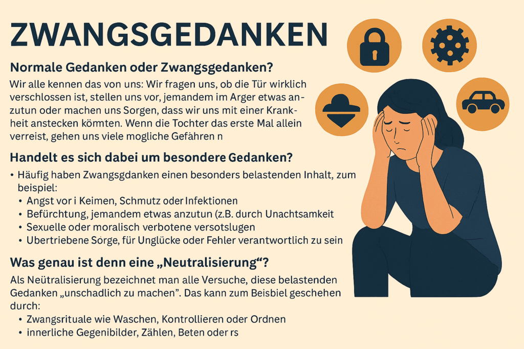 „Infografik zum Thema Zwangsgedanken: Auf einem beigefarbenen Hintergrund werden Unterschiede zwischen normalen Gedanken und belastenden Zwangsgedanken erklärt. Links stehen Textabschnitte mit Beispielen für typische Angst- und Grübelthemen sowie eine Definition von Neutralisierung. Rechts sieht man eine verzweifelte Person und vier orangefarbene Icons zu Kontrolle, Sauberkeit, Verantwortung und Gefahr. Die Grafik vermittelt anschaulich zentrale Merkmale von Zwangsgedanken – relevant für Aufklärung, Psychotherapie und Psychoedukation.“