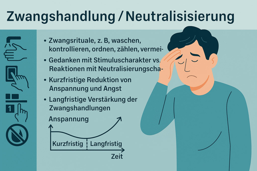 „Infografik zum Thema Zwangshandlungen und Neutralisierung: dargestellt sind typische Zwangsrituale wie Waschen, Kontrollieren, Ordnen und Zählen. Daneben werden kurzfristige Wirkungen wie die Reduktion von Anspannung sowie langfristige Effekte wie die Verstärkung von Zwangshandlungen erklärt. Ein Diagramm zeigt den Verlauf der Anspannung über Zeit, begleitet von Symbolen und einer gestressten Person. Die Grafik bietet verständliche Psychoedukation zu Zwangsstörungen und ihren Mechanismen, relevant für Psychotherapie und Behandlung in München.“