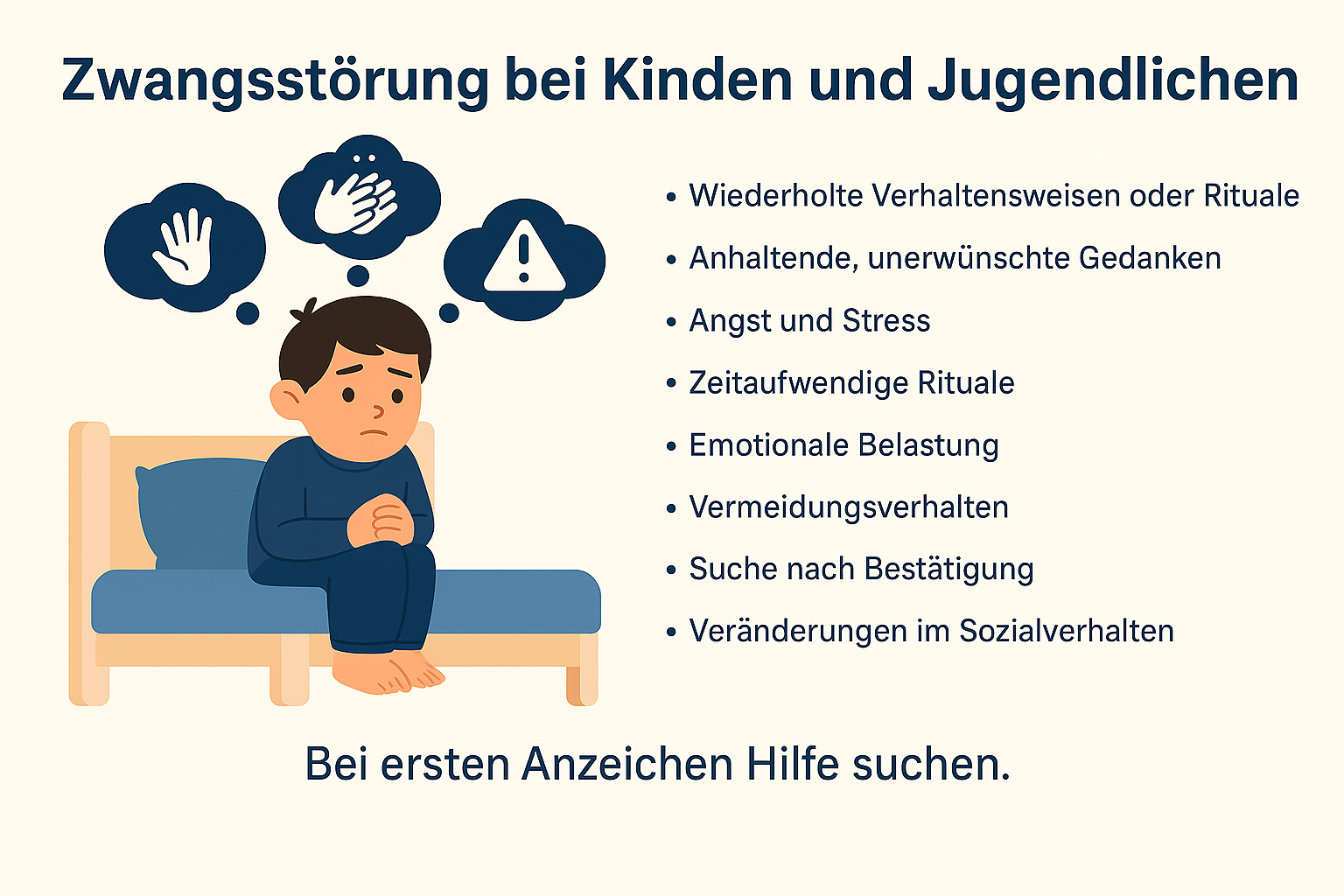 „Infografik zur Zwangsstörung bei Kindern und Jugendlichen: Links sitzt ein besorgtes Kind auf einem Bett, umgeben von Gedankenblasen mit Symbolen wie Hand, Händewaschen und Warnzeichen. Rechts werden typische Anzeichen einer Zwangsstörung aufgelistet, darunter wiederholte Rituale, unerwünschte Gedanken, Angst, Stress, zeitaufwendige Abläufe, emotionale Belastung, Vermeidungsverhalten, Suche nach Bestätigung und Veränderungen im Sozialverhalten. Die Grafik dient der Aufklärung über Symptome und Warnsignale im Kindes- und Jugendalter.“