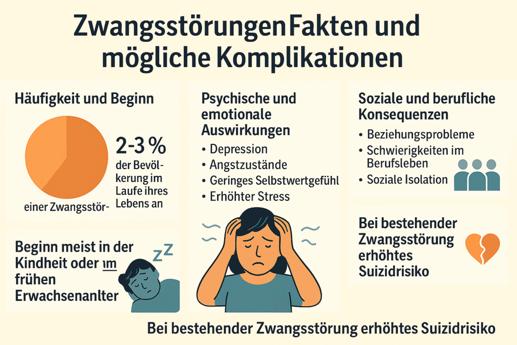 „Infografik zu Zwangsstörungen: Dargestellt werden Häufigkeit und Beginn der Erkrankung, typische psychische und emotionale Auswirkungen wie Depression, Angstzustände und erhöhter Stress sowie soziale und berufliche Konsequenzen wie Beziehungsprobleme, Schwierigkeiten im Berufsleben und Isolation. Zusätzlich wird auf ein erhöhtes Suizidrisiko bei bestehender Zwangsstörung hingewiesen. Die Grafik nutzt Icons, Diagramme und eine belastete Person zur anschaulichen Psychoedukation.“