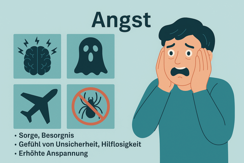 „Infografik zu Angst und typischen Angstsymptomen: Zu sehen sind vier Icons, die häufige Auslöser oder Assoziationen bei einer Angststörung darstellen – ein überaktiviertes Gehirn, ein Bedrohungssymbol, ein Flugzeug und ein durchgestrichenes Spinnen-Icon. Rechts daneben reagiert ein Mann sichtbar verängstigt. Unter den Symbolen werden zentrale Symptome einer Angststörung aufgeführt, darunter Sorge und Besorgnis, Unsicherheit und Hilflosigkeit sowie erhöhte körperliche Anspannung. Die Grafik dient der Aufklärung über Angststörungen und unterstützt Menschen, die Informationen zu Therapie oder Psychotherapie, beispielsweise in München, suchen.