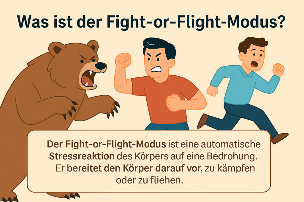 „Infografik zum Fight-or-Flight-Modus, einem zentralen Mechanismus bei Angststörungen: Ein angreifender Bär symbolisiert eine Bedrohungssituation, während eine Person in Kampfbereitschaft geht und eine andere flieht. Im Textkasten wird erklärt, dass der Fight-or-Flight-Modus eine automatische Stressreaktion des Körpers ist, die ihn auf Kampf oder Flucht vorbereitet. Die Grafik dient der verständlichen Aufklärung über körperliche Angstsymptome und wird häufig im Rahmen von Therapie und Psychotherapie eingesetzt – etwa zur Erklärung von Stressreaktionen für Patient:innen in München und Umgebung.“