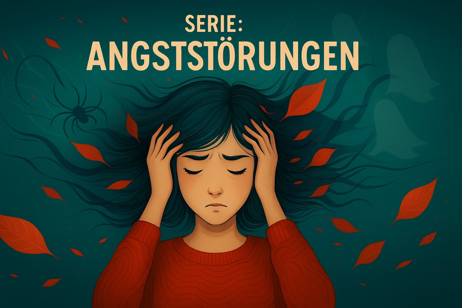 Illustration zum Thema Angststörungen: dargestellt ist eine junge Frau mit geschlossenen Augen und leicht angespannter Mimik. Wehende Haare und abstrakte rote Blätter symbolisieren innere Unruhe, Grübelprozesse und körperliche Anspannung, wie sie bei Angststörungen häufig auftreten. Dezente Schattenformen und stilisierte Geisterelemente vermitteln typische Auslöser und emotionale Belastungen, ohne bedrohlich zu wirken. Der Titel „SERIE: ANGSTSTÖRUNGEN“ steht mittig über der Szene und rahmt die Illustration ein. Die Grafik dient als verständliche Psychoedukation zu Angstmechanismen, relevanten Symptomen und therapeutischen Zusammenhängen im Rahmen der Behandlung von Angststörungen sowie Sie relevant sind bei der Psychotherapie in München.